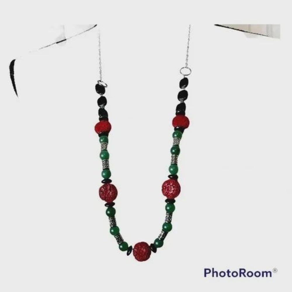 Vintage Red Green Black Beaded Necklace Silver Tone Chain 33" Floral Engraved